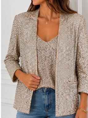 Eliza J Champagne Sequin Blazer & Camisole Set champagne Gold- Large